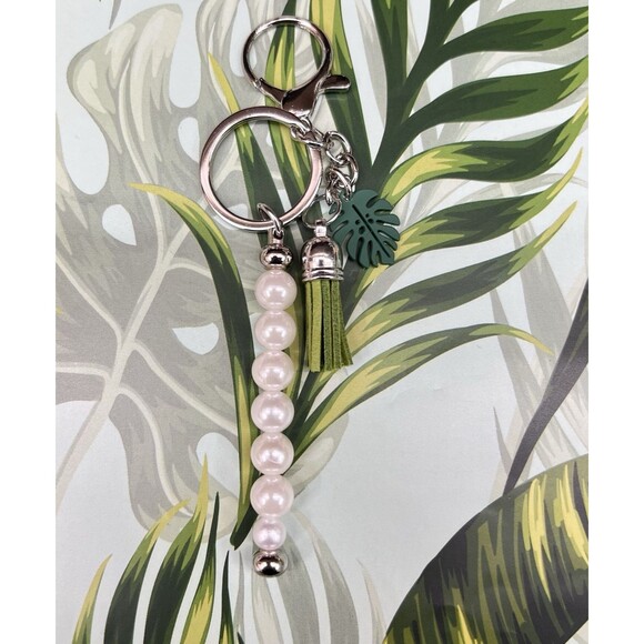 PLANT LADY Bag Charm Keychain Multi MONSTERA Pendant Suede Tassel Faux Pearls - Picture 1 of 17